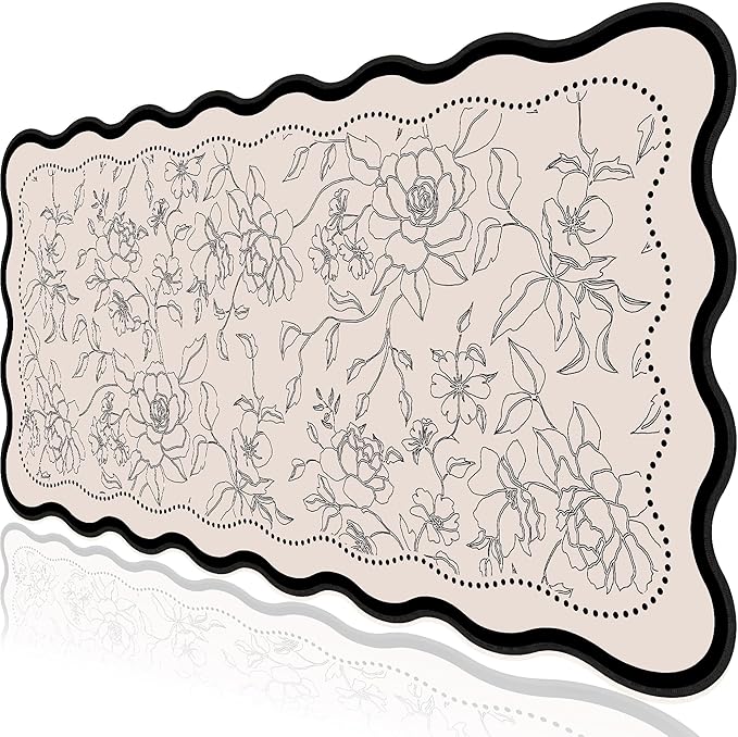L-SPOUTTO Vintage Floral Mouse Pad,Aesthetic Scalloped Desk Mat XXL Large Gaming Mousepad,35.4x15.7in Non-Slip Keyboard Pad Waterproof Desktop Mat for Laptop Computer Work Game Home Office- Beige