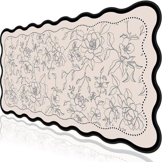 L-SPOUTTO Vintage Floral Mouse Pad,Aesthetic Scalloped Desk Mat XXL Large Gaming Mousepad,35.4x15.7in Non-Slip Keyboard Pad Waterproof Desktop Mat for Laptop Computer Work Game Home Office- Beige