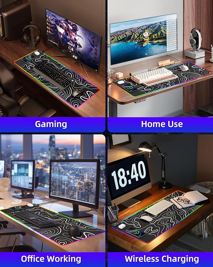 Wireless Charging Mouse Pad, RGB Gaming Mousepad, 31.5"x15.7" Extra Large Desk Pad, 13 Light Modes, Non-Slip Base, Waterproof Computer Keyboard Mat for MacBook, PC, Laptop, Black Topographic Line