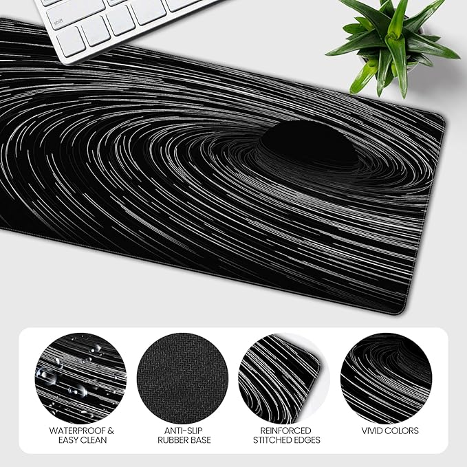 Extended Mouse Pad, Black Abstract Swirl Design, 35.4 x 15.7 Inches, Microfiber Cloth Surface, Rectangular Desk Mat with Non-Slip Rubber Base