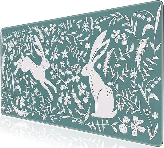 L-SPOUTTO Green Floral Desk Mat for Keyboard and Mouse,Boho XXL Gaming Mouse Pad,Large 35.4x15.7in Non-Slip Rubber Base Keyboard Pad Waterproof Desktop Mat for Laptop Computer Work Home Office-Rabbits