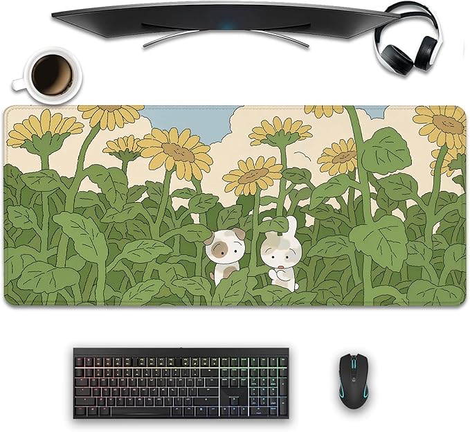 Sunflower Desktop Mouse Pad Large,Cute Mouse Pads,Cartoon Anime Mouse Mat for Desk,Desk Mat with Stitched Edges,Non-Slip Waterproof Rubber Base,Keyboard Computer Office Home Work(27.5X11.8 in)