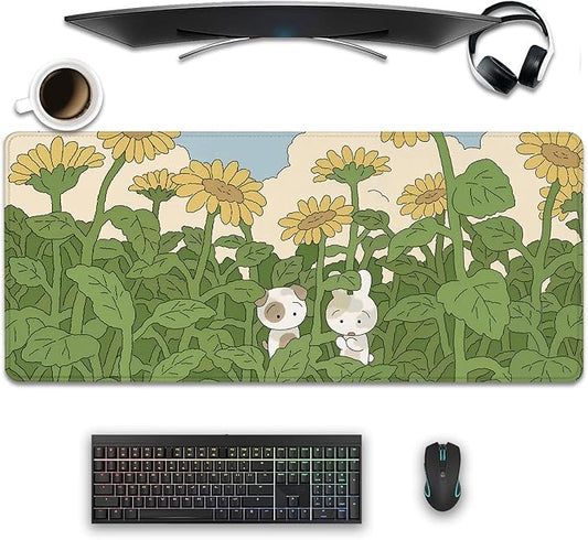 Sunflower Desktop Mouse Pad Large,Cute Mouse Pads,Cartoon Anime Mouse Mat for Desk,Desk Mat with Stitched Edges,Non-Slip Waterproof Rubber Base,Keyboard Computer Office Home Work(27.5X11.8 in)