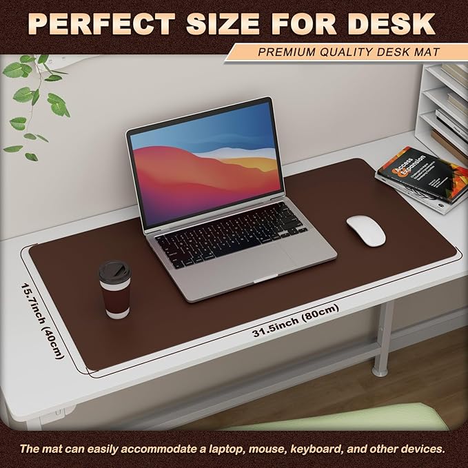 K KNODEL Leather Desk Pad Protector, Office Desk Mat, Large PVC Leather Desk Blotter, Non-Slip Mouse Pad (Dark Brown, 15.7" x 31.5")