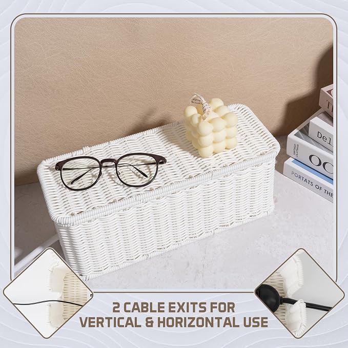 Cable Management Box, Handmade Rattan Cable Organizer with 2 Open Slots, Cord Hider for Power Strip, Router & USB Hub, Registered U.S. Design Patent (D1,112,102), 13" x 5.1" x 5.1", White - Image 7
