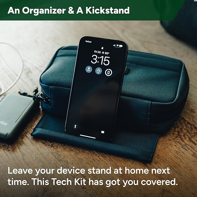 Halfday Sidekick Tech Organizer Kit | Flip-Out Kickstand for Phone/Tablet, Zip-Flat Pouch with Power Mesh & Elastic for Cable & Charger (Splash-Resistant Travel Electronics Accessories Case), Shadow