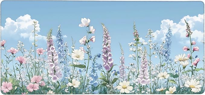 Cute Floral Aesthetic Wildflower Gaming Mouse Pad, Sky Blue Anime Desk Mat with Anti-Slip Base & Stitched Edges,35.4" x 15.7" in Desk Accessories for Women, Home Office Decor & Artistic Gift