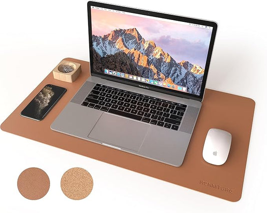 RENMTURE Dual-Sided Mouse Pad, Natural Cork & PU Leather Large Desk Pad for Office and Home Work, Desk Protector Non-Slip, Waterproof, Easy Clean (Brown, 23.6" x 13.7")