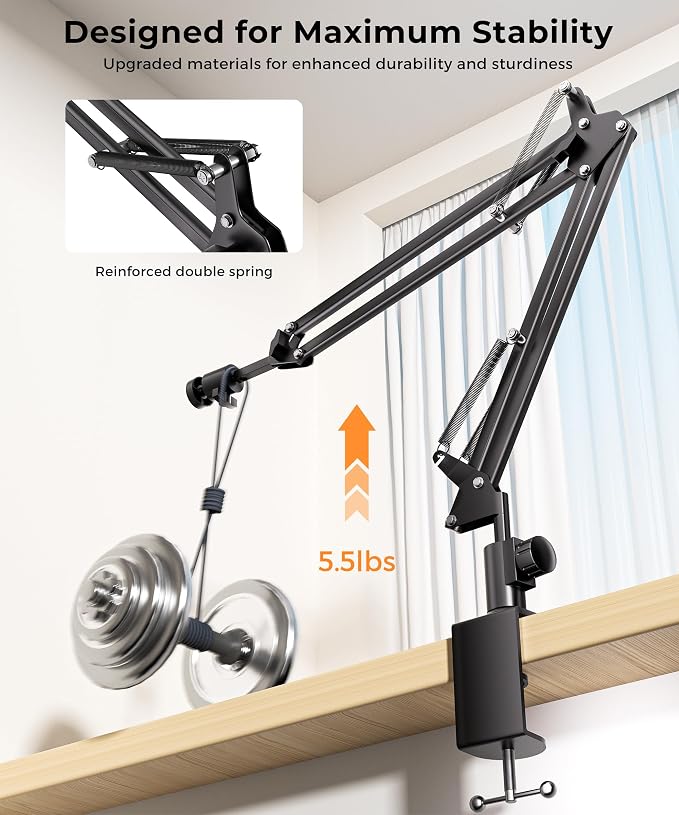UBeesize Overhead Camera Mount with 360° Adjustable Arm & Phone Holder for TikTok Live Streaming Photography Studio Content Creation, Desk Mount for DSLR Cameras/Webcam/iPhone/Ring Light/Microphone - Image 3