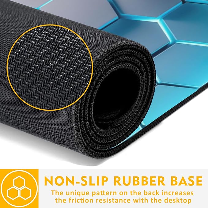 Gaming Mouse Pad,Honeycomb Hexagon Desk Mat,31.5""X15.7"" Large Desk Pad with Stitched Edge Non-Slip Base Keyboard Big Mouse Pad for Office Home Work Gaming-Blue, WDQ-D01