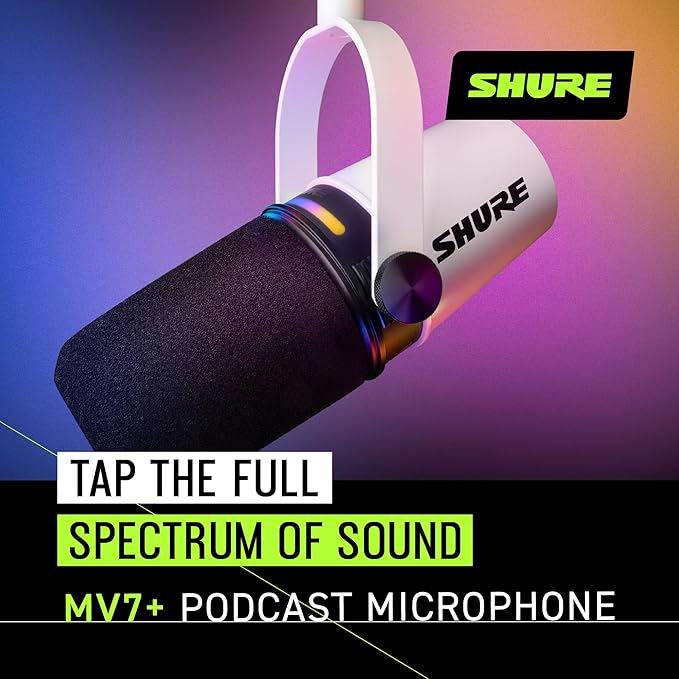 Shure MV7+ Podcast Dynamic Microphone – OBS Certified, Enhanced Audio, LED Panel, USB-C & XLR Outputs, Auto Level Mode, Digital Pop Filter, Reverb Effects – For Podcasting, Streaming, Recording, White