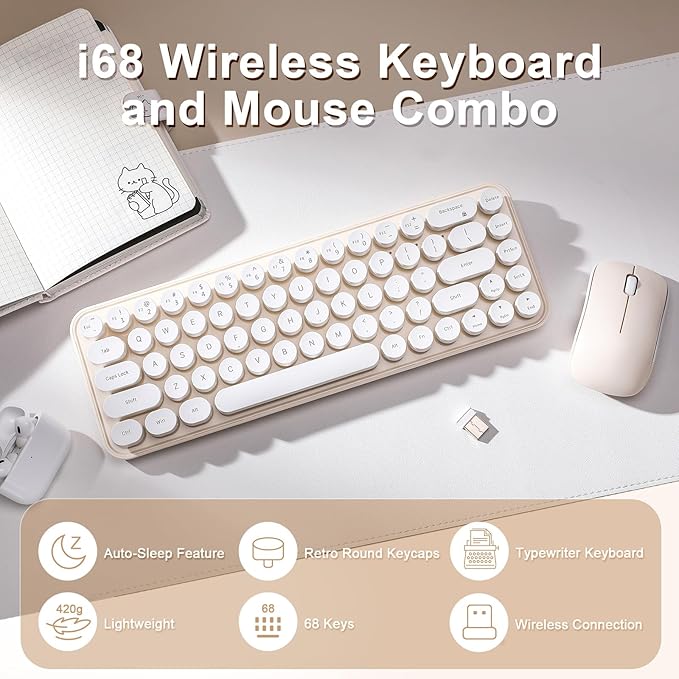 i68 Wireless Keyboard and Mouse Combo, Retro Typewriter Style Keyboard with Round Keycaps, 2.4GHz Connection with Computer PC Desktops Laptop WindowsxP/7/8/10 (Yellow)