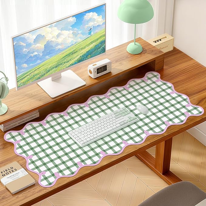 Leather Desk Pad, Desk Mat Mouse Pad, Non-Slip Mousepad Waterproof PU Table Blotter for Computer Laptop Extra Large Keyboard Mat for Women Girl Office Home Dorm, Pink Scalloped +Dark Green Checkered