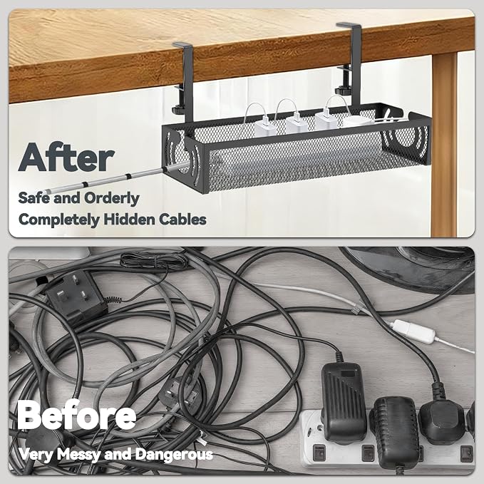 Cable Management, 15'' Under Desk Cable Management Tray No Drill, Metal Cable Organizer with Clamp for Wire Management, Cord Organizer for Home Office, Desk Accessories Organizer, Black - Image 2