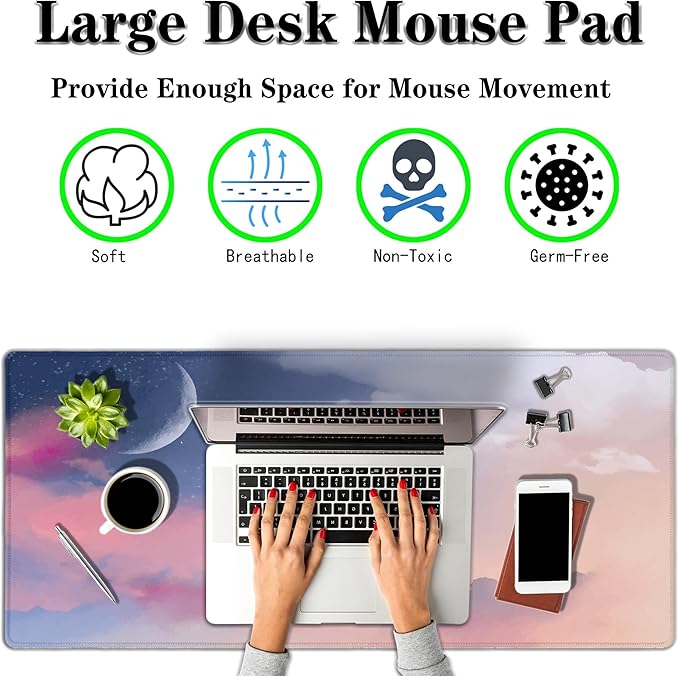 Big Mouse Pad Pink Desk Decor for Girls, Gaming Mouse Pads Desk Pad for Woman Keyboard Mousepad, Mouse Pad Big Non-Slip Rubber Base, 35.4" X 15.7" for Work/Game/Office Watercolor Pastel Sky