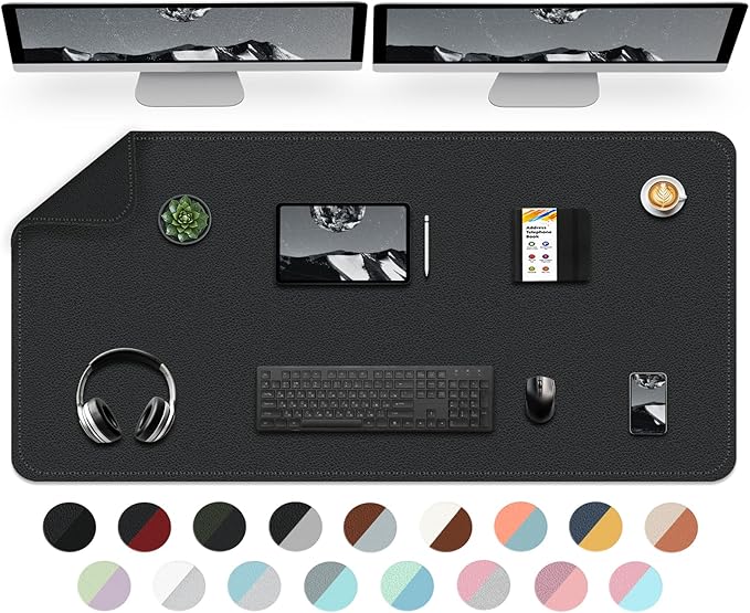 Dual-Sided Desk Mat, Large Desk Pad, Waterproof Smooth PU Leather Desk Blotter Protector Mouse Pad, Desk Organizers, Office/Home Table Decor for Reading and Writing (Black+Black, 47.2''×23.6'')