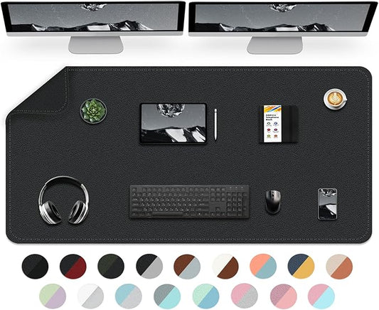 Dual-Sided Desk Mat, Large Desk Pad, Waterproof Smooth PU Leather Desk Blotter Protector Mouse Pad, Desk Organizers, Office/Home Table Decor for Reading and Writing (Black+Black, 47.2''×23.6'')