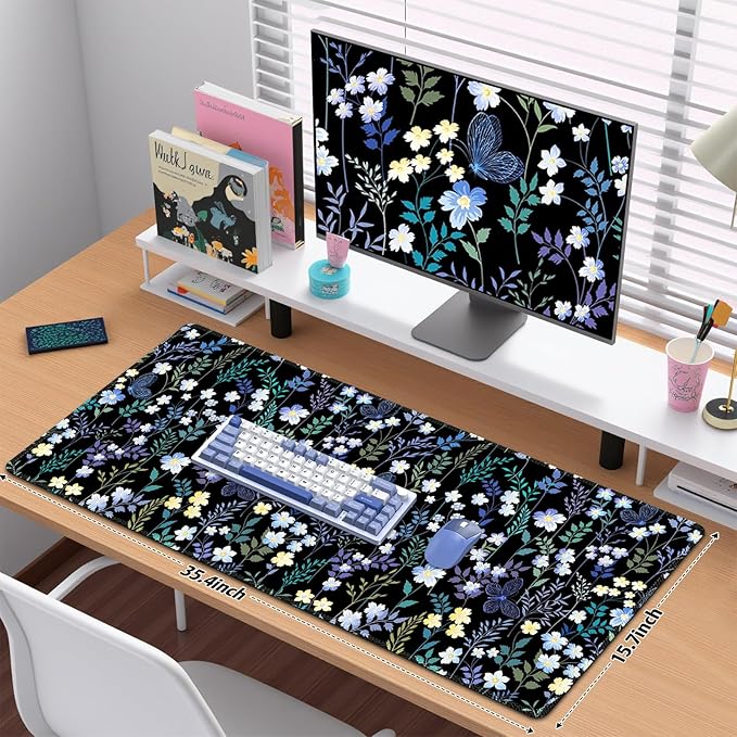 Desk Matt for Desktop, Desk Pad Mat, DeskMat for Keyboard and Mouse, XXL Large Mouse Pad for Desktop, Anti-Slip Big Mousepad with Stitched Edges, Mouse Pad for Computer Laptop Women,Wildflower Meadow