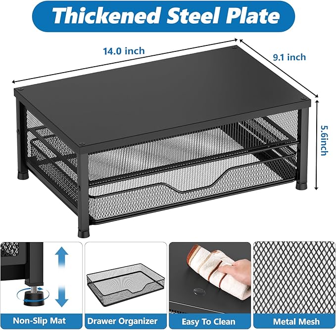 OPNICE Computer Monitor Stand Riser, Desk Organizer with Drawer, Laptop Stand, Office Desk Accessories & Workspace Desktop Organizers Storage for Office Supplies(Black 2-Pack)