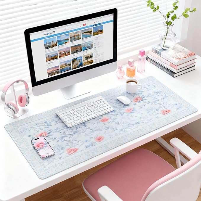 Blue Floral Pattern Mouse Pad XXL Large Anti-Slip Stitched Edges Desk Mat for Women, Home Office Computer Keyboard Desk Pad Mat Cute Aesthetic Office Supplies & Decor