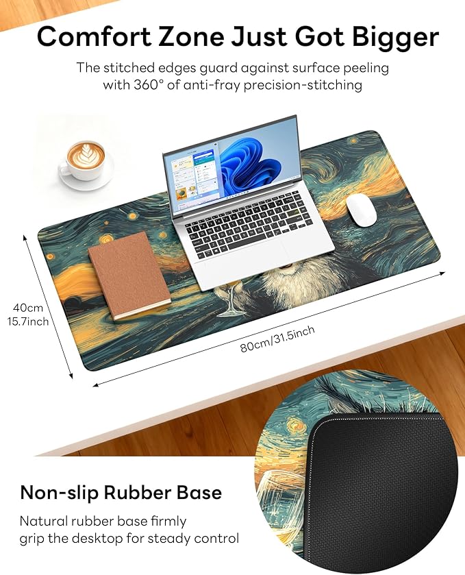XL Gaming Mouse Pad, 31.5x15.7'' Large Desk Mat with Anti-Slip Rubber Base & Stitched Edges for Gaming, Office, Home - Shocked Cat