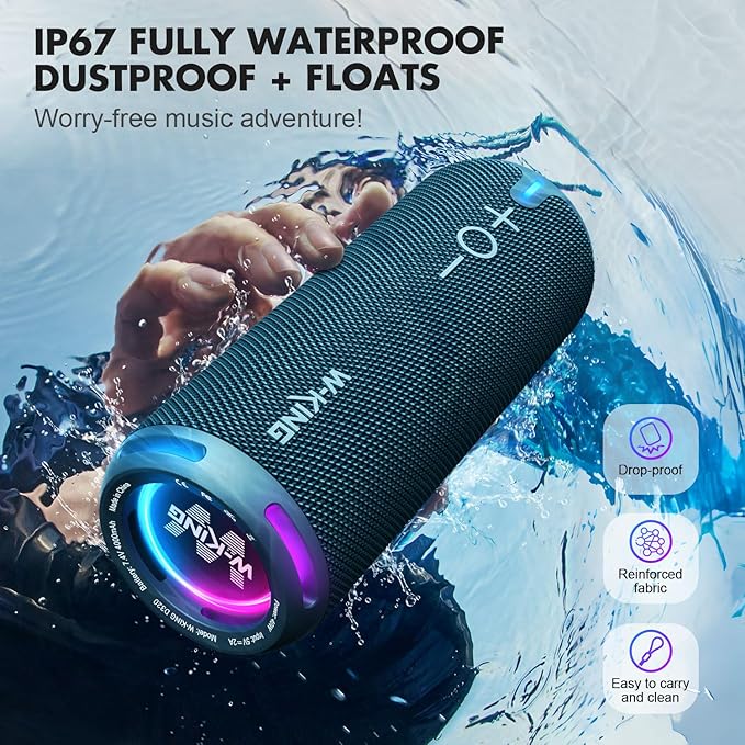 W-KING Portable Bluetooth Speakers Loud, IPX7 Waterproof Outdoor Speakers Wireless, APP Customized EQ, Dual Voice Coil/Deep Bass, 360° Sound with Lights/V5.3/TF/AUX, 40W Party Boombox Shower Speaker