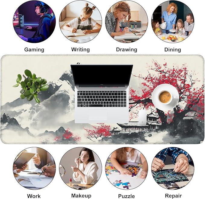 Mouse Pad, Large Anti-Slip with Stitched Edges Desk Mat Desktop Laptop Computer Desk Keyboard Mat,Table Protector Blotter Mat (Plum Blossom, 35.4" x 15.7")