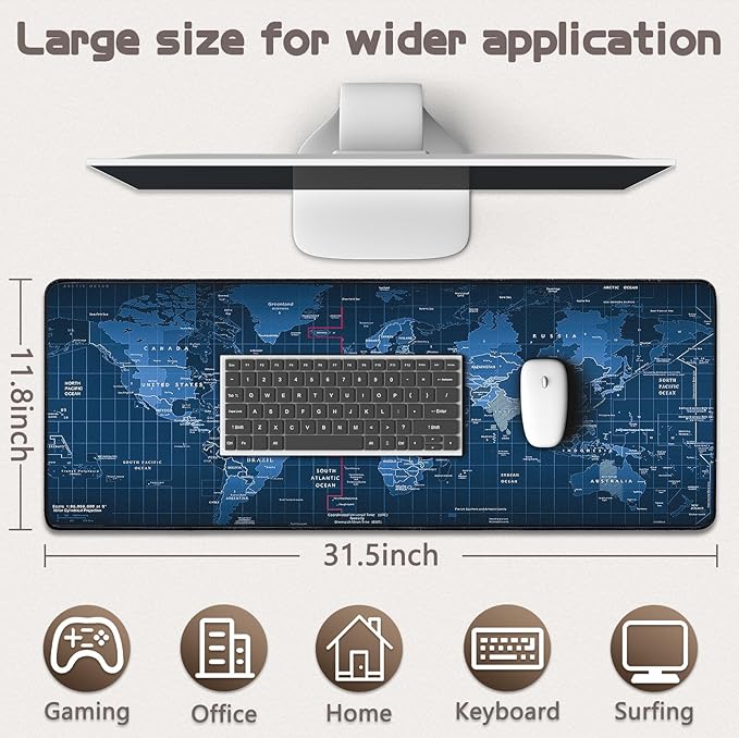 Mouse Pad Gaming - Desk Mat for Keyboard and Mouse - Large Mouse Pad for Desk, World Map Mousepad (31.5 x 11.8inch) with Non-Slip Base, Desks Pad Mat for Gaming, Office and Home