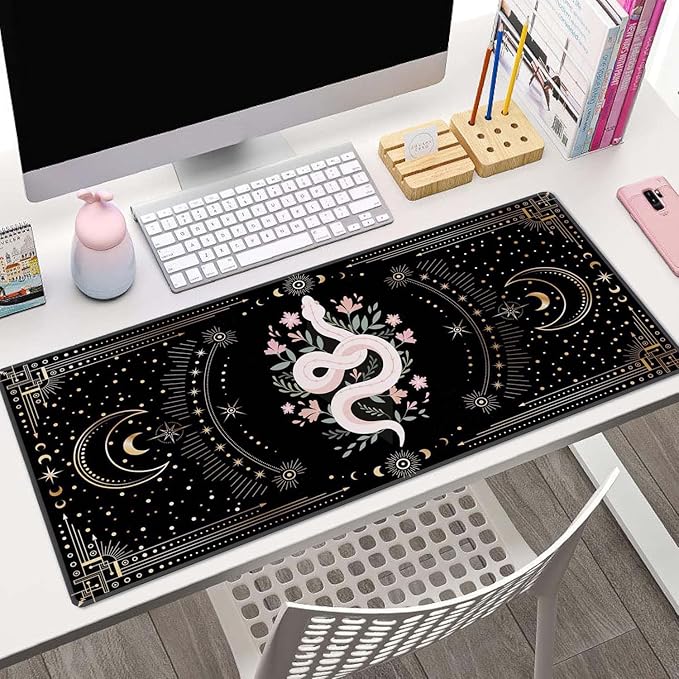 Boho Snake Witch Desk Mat Moon Phases XL Mouse Pad Large Full Desk Mousepad Gaming Extended Keyboard Mouse Mat Desk Pad for Computer Laptop 31.5''X11.8'' Non-Slip Rubber Base with Stitched Edges