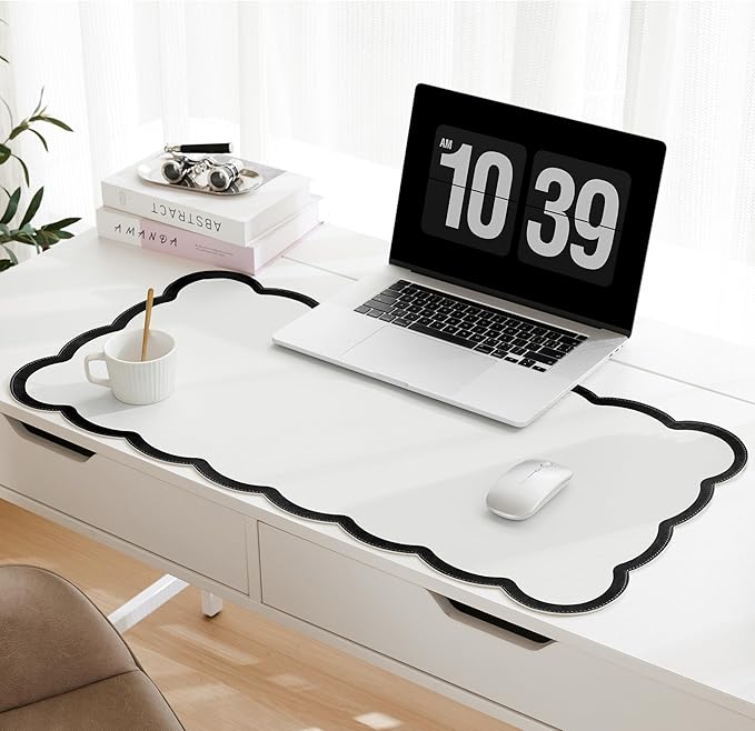Scalloped Desk Mat, 31.5" x 15.7" Large Cute Black White Aesthetic Desk Accessories, PU Leather Computer Laptop Desk Mat Mouse Keyboard Pad, Desk Writing Makeup Mat for Vanity/Work/Home Decor