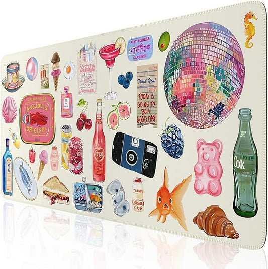 iCasso Office Desk Mat for Keyboard and Mouse, Large Mouse Pad, Desk Pad Mat, Anti-Slip Big Mousepad with Stitched Edges for Computer Desktop Cover Protector (Watercolor Stickers)