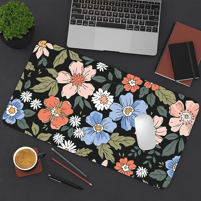 Desk Mat Large Protector Pad 31.5" ×15.7", Non-Slip PU Leather Desk Blotter, Waterproof Mouse Pad for Office Home Wildflower