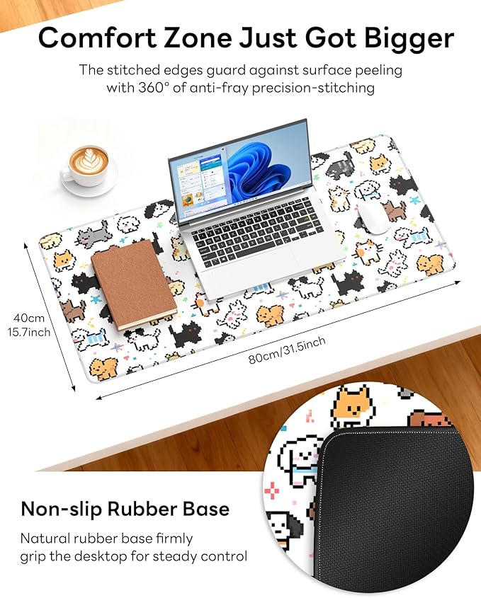 XL Gaming Mouse Pad, 31.5x15.7'' Large Desk Mat with Anti-Slip Rubber Base & Stitched Edges for Gaming, Office, Home - Cute Animals