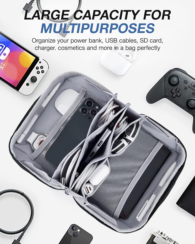 BAGSMART Electronics Organizer Pouch, Travel Tech Organizer Bag for Travel Essentials, Cord Organizer Bag as Travel Accessories for Men Women, Portable Charger Organizer with Handle, Black