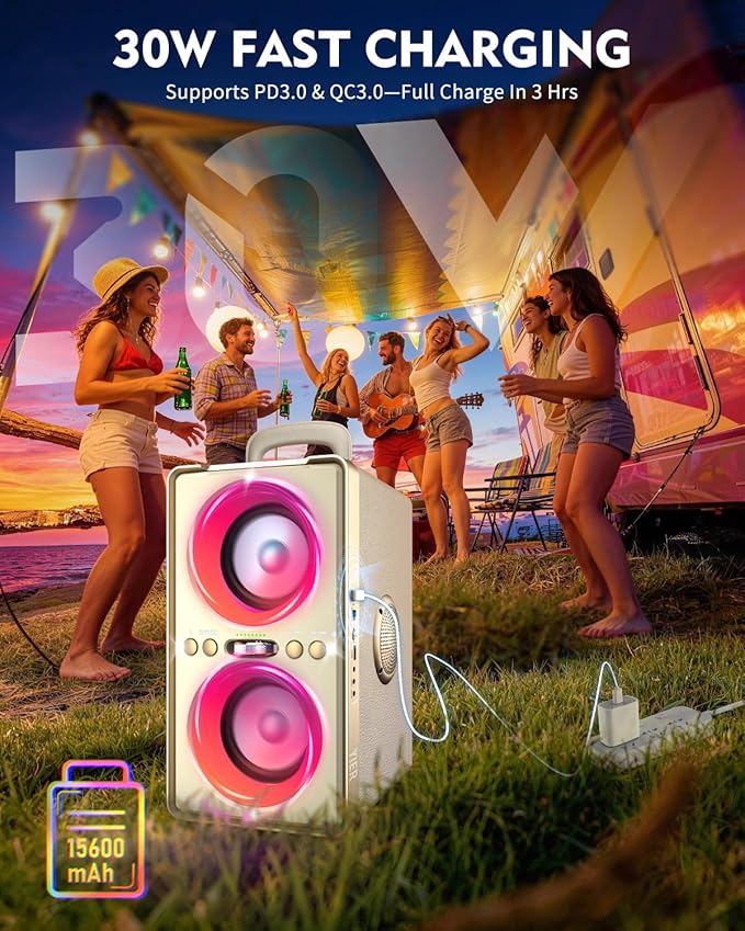 Bluetooth Speaker, 240W Peak Loud Party Speaker with Big Bass, 20H Playtime, TWS, BT5.3, Large Portable Wireless Boom Box with LED Light for Outdoor Backyard Beach Home (Leather White)