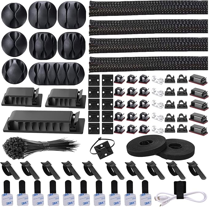 N NOROCME 192 PCS Cable Management Kit 4 Wire Organizer Sleeve,11 Cable Holder,35Cord Clips 10+2 Roll Cable Organizer Straps and 100 Fastening Cable Ties for Computer TV Under Desk, black,clear by N+NOROCME