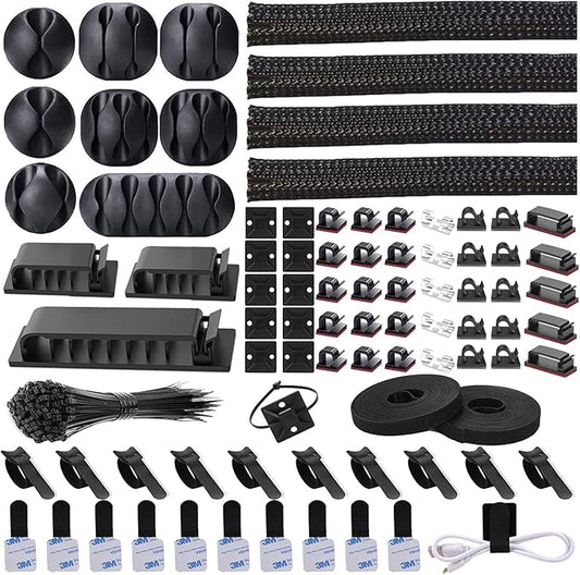 N NOROCME 192 PCS Cable Management Kit 4 Wire Organizer Sleeve,11 Cable Holder,35Cord Clips 10+2 Roll Cable Organizer Straps and 100 Fastening Cable Ties for Computer TV Under Desk, black,clear by N+NOROCME