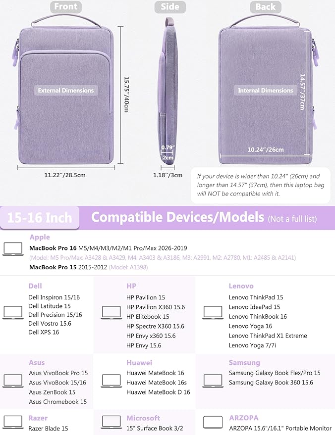 HYZUO 15-16 Inch Laptop Bag Sleeve for MacBook Pro 16 M5 M4 M3 M2 M1 Pro/Max A3428 A3429 2026-2019, 15" Surface Book, Notebook Case for 15" 15.6" Dell HP Lenovo Asus Acer Samsung, Lilac Purple