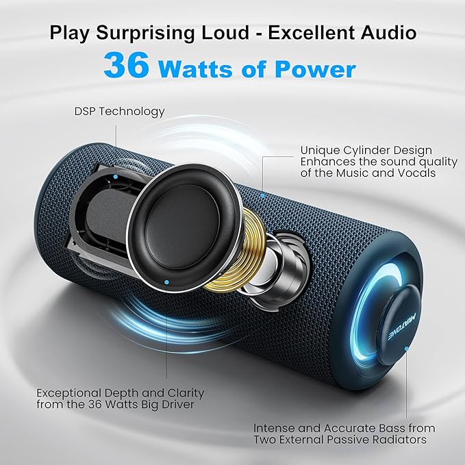 MIATONE Portable Bluetooth Speakers 36W Stereo Sound Bass Boost, 24H Playtime, Bluetooth 5.3 TWS Pairing Father Boy Friend Gifts for him Ideal Present (Blue)