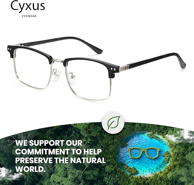 Cyxus Retro Blue Light Glasses Men - Square TR90 Metal Blowline Frame Stylish Trendy for Computer Daily Work 8252