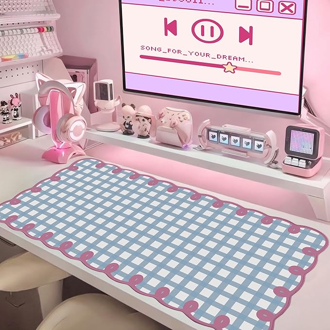 Cute Pink Blue Scalloped Desk Mat Pastel Checkered Large Mouse Pad Kawaii Aesthetic Retro Vintage Cottagecore Office Girl Desk Decor Stitched Pad for Computer Keyboard & Mouse 31 * 15.7in