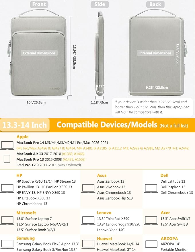 HYZUO 13.3-14 Inch Laptop Bag Sleeve for MacBook Pro 14 M5 M4 M3 M2 M1 Pro/Max A3426 A3427 2026-2021, MacBook Air/Pro 13.3, 13.8"-13.5" Surface Laptop/Book, Notebook Case for 13" Dell HP, Light Gray