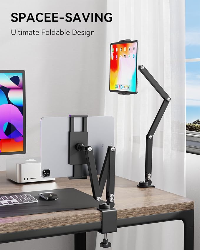 Foldable Flexible Tablet Stand Holder for Desk, 360° Adjustable iPad Arm Mount, Portable Monitor 15.6 Stand, Premium Phone Holder Compatible with iPad 13/12.9/11 Mini/10/9th, Samsung, Kindle