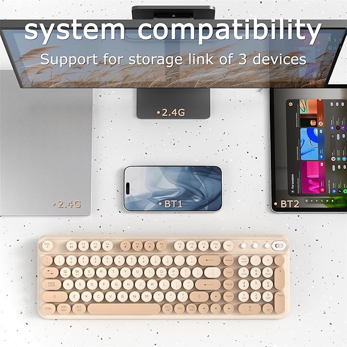Wireless Bluetooth Keyboard - Full Size Retro Round Typewriter Style Wireless Keyboard with 2.4GHz & Bluetooth Dual-Mode Compatibility for PC, Laptop, Windows, Mac, and More (Milk Tea)
