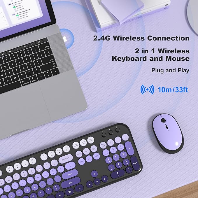 Wireless Keyboard and Mouse, Typewriter Full Size Keyboard with Number Pad and 2 in 1 USB Connected Mouse for Windows 7/8/10, Laptop, Desktop, PC, Computer (Black Purple)