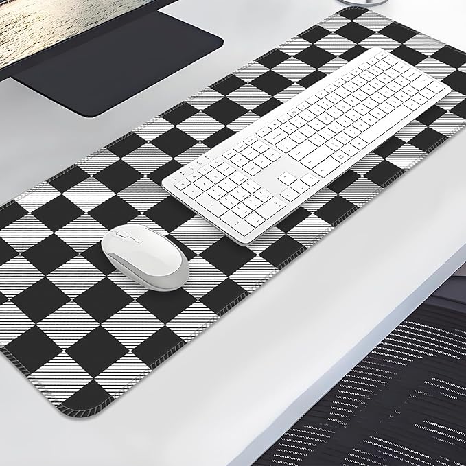 Desk Mat,Big Desk Pad,31.5 x 11.5in Extended Gaming Mouse Pad,Large Mouse Pad for Desk Rubber Base Mousepad with Stitched Edges,Keyboard Mouse Mat for Work Game Office Home - Black Grey Chessboard
