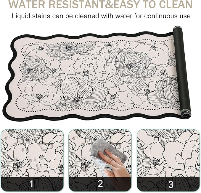 L-SPOUTTO Vintage Floral Mouse Pad,Aesthetic Scalloped Desk Mat XXL Large Gaming Mousepad,35.4x15.7in Non-Slip Keyboard Pad Waterproof Desktop Mat for Laptop Computer Work Game Home Office-Peony Beige