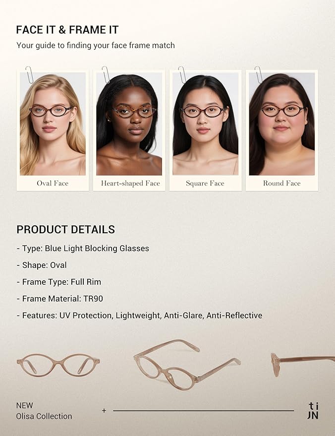 TIJN Olisa Blue Light Blocking Glasses for Women Men,Retro Oval Frame Bluelight Eyeglasses for Gaming/Computer/Screen