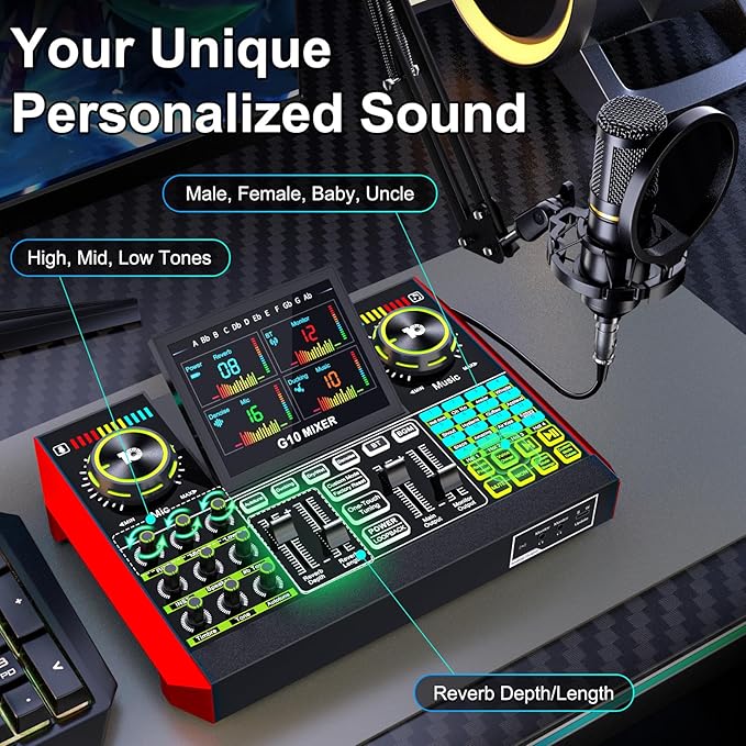 Podcast Microphone Bundle with Live Sound Card Audio Mixer, Podcast Equipment Bundle with 3.5mm Boom Mic for Pc/Phone Live Streaming Singing Gaming, Sound Board with Voice Changer, Denoise