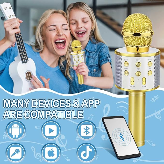 Birthday Gifts for 3-11 Year Old Girls, Bluetooth Karaoke Microphone for Kids Gifts for Teenage Girls Christmas Stocking Stuffers for Kids Popular Toys for 4-12 Year Old Boys Girls - Gold